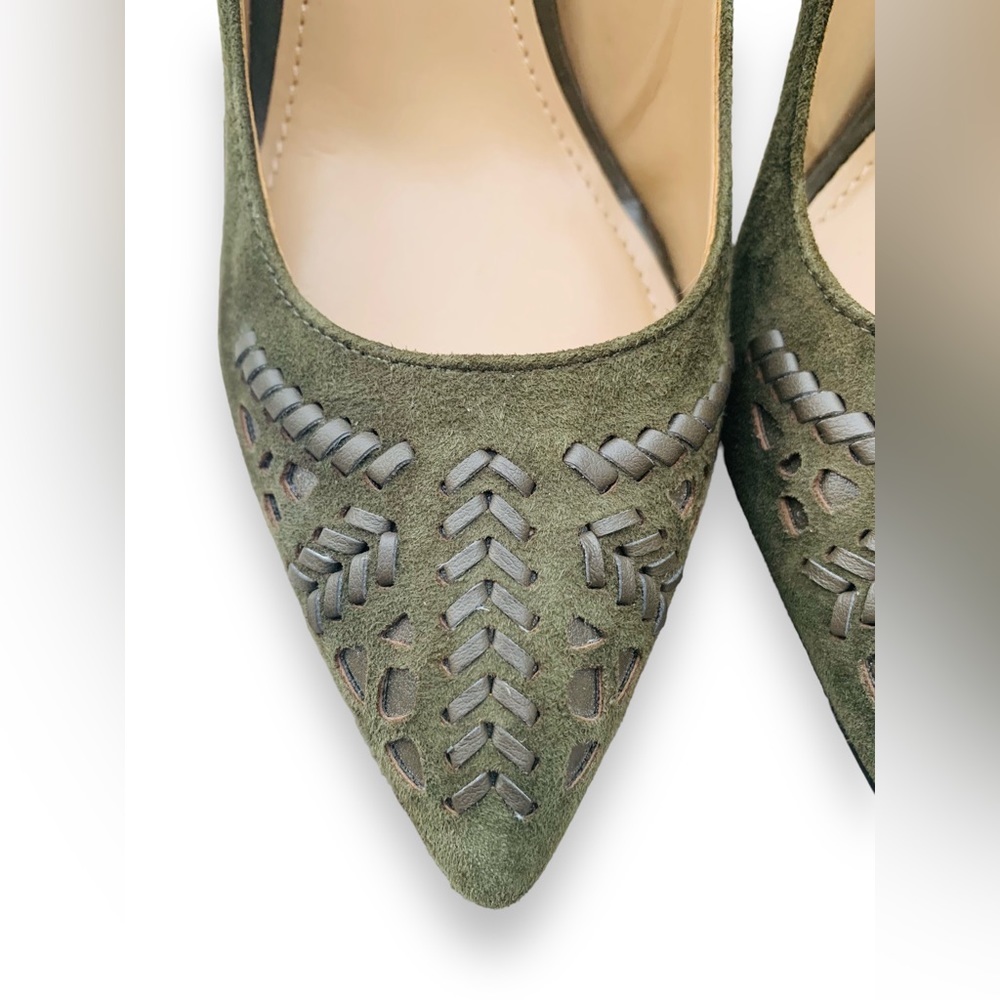 Saks Fifth Avenue Olive Green Suede Braided Heels Size 6.5 - Picture 4 of 10